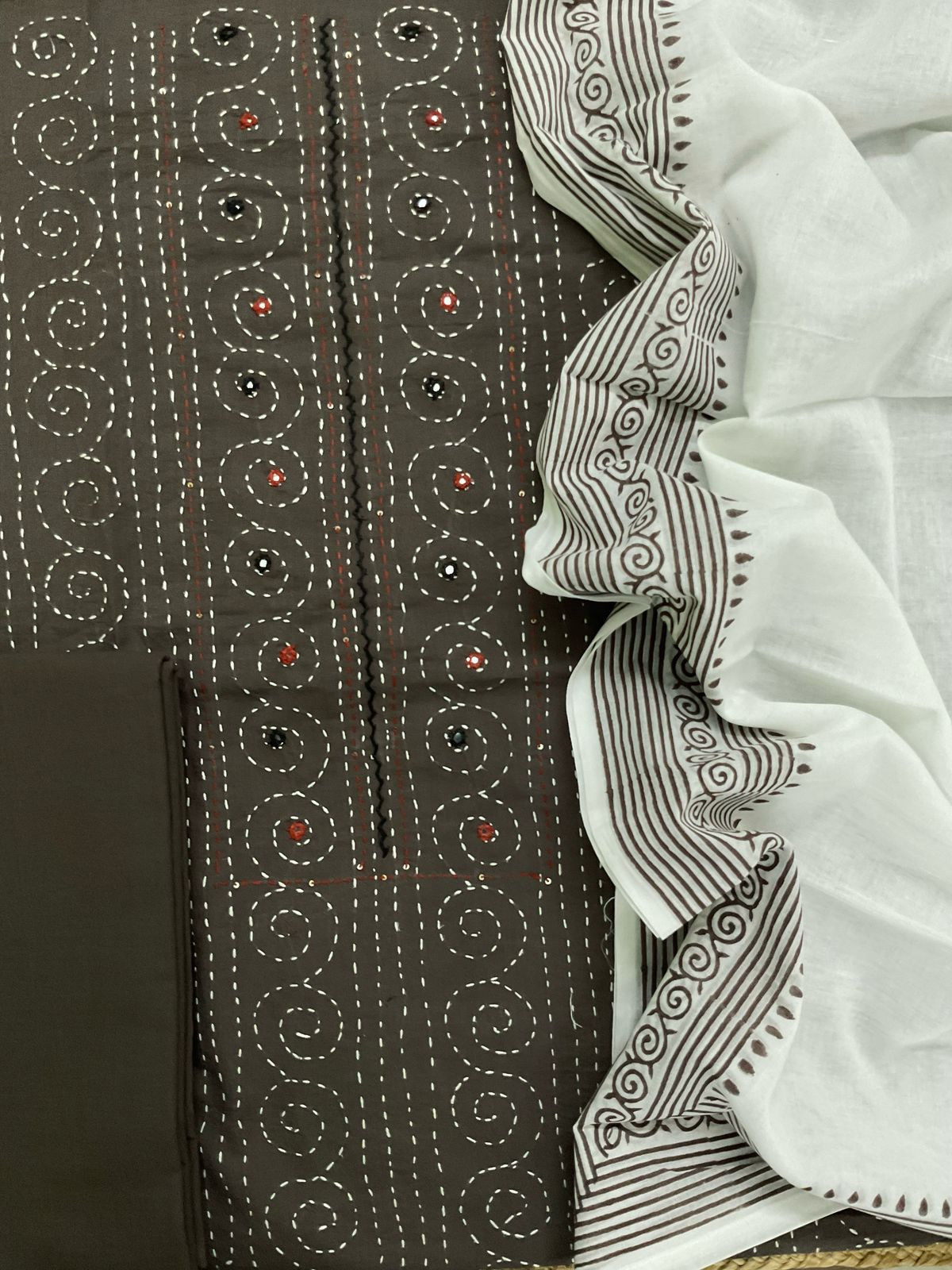Pure Cotton Printed Embroidered Suit - Brown