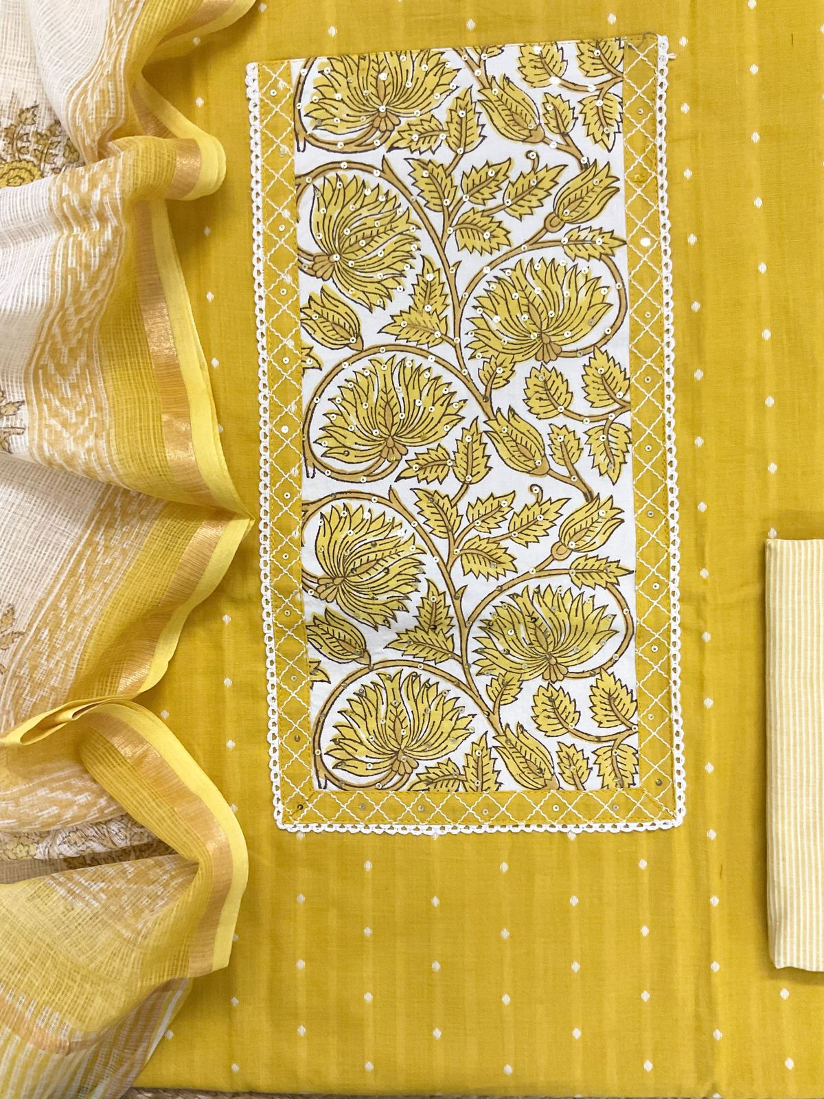 Pure Handloom Cotton Self Weaved Printed Embroidered Suit - Yellow