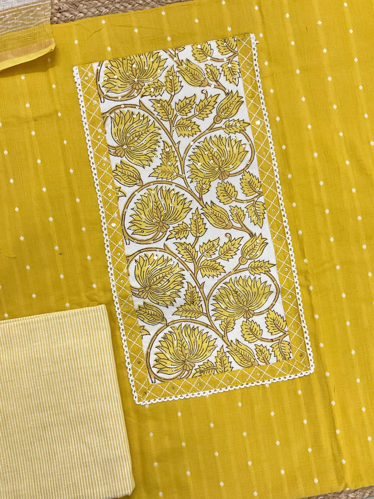 Pure Handloom Cotton Self Weaved Printed Embroidered Suit - Yellow