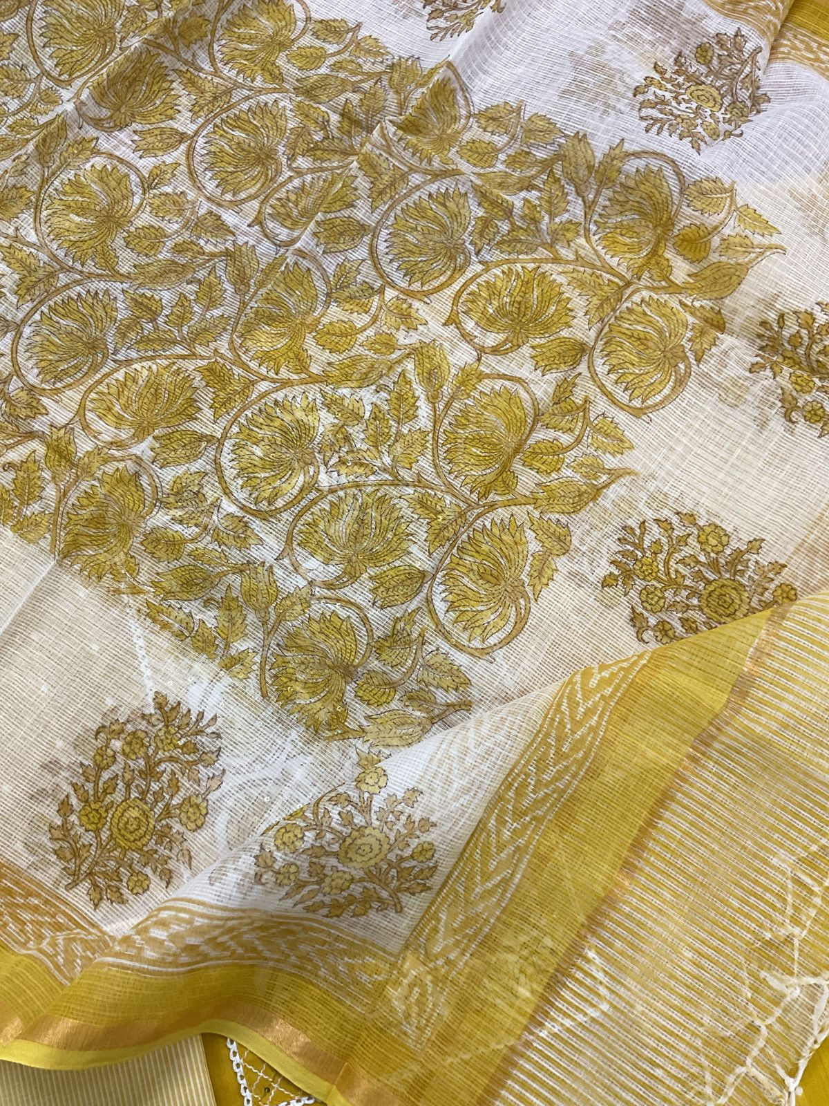 Pure Handloom Cotton Self Weaved Printed Embroidered Suit - Yellow
