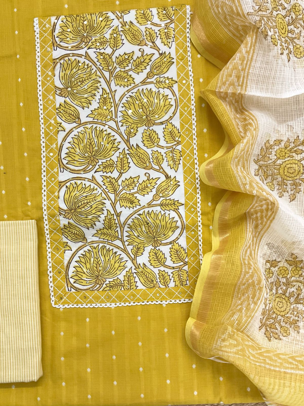 Pure Handloom Cotton Self Weaved Printed Embroidered Suit - Yellow