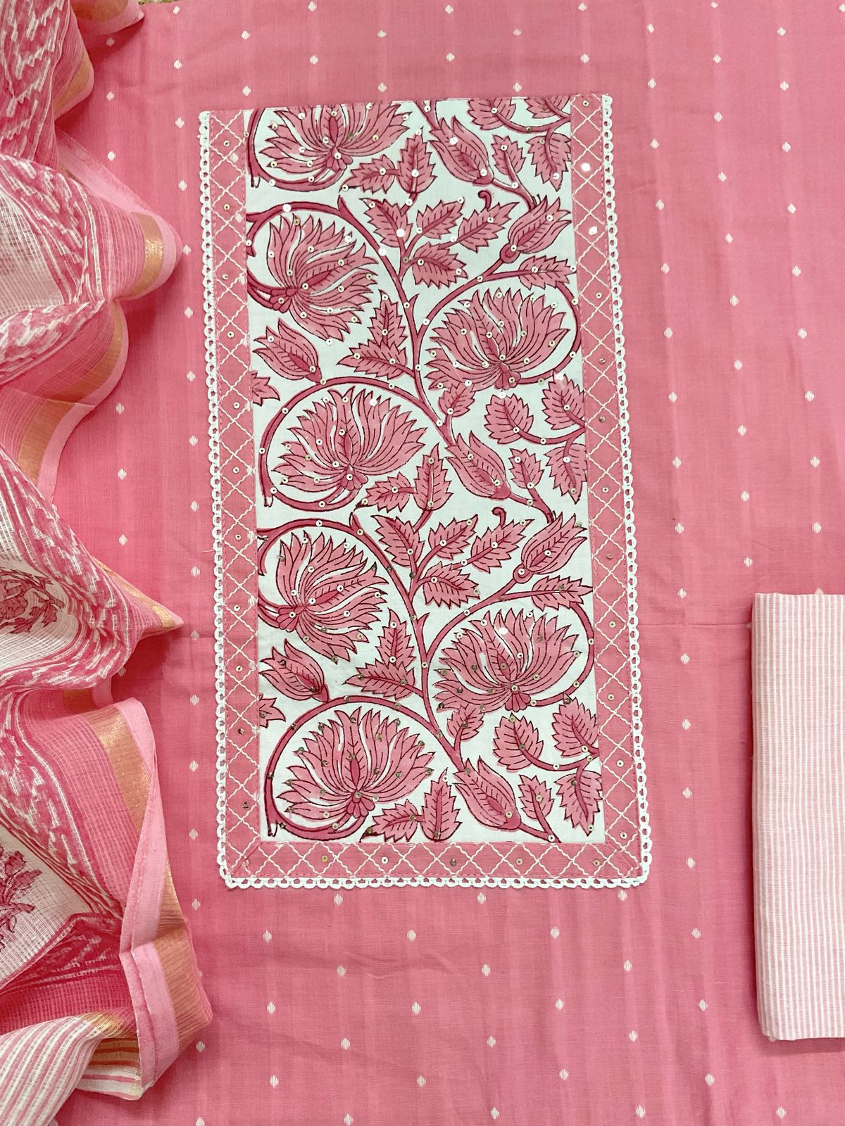 Pure Handloom Cotton Self Weaved Printed Embroidered Suit - Pink
