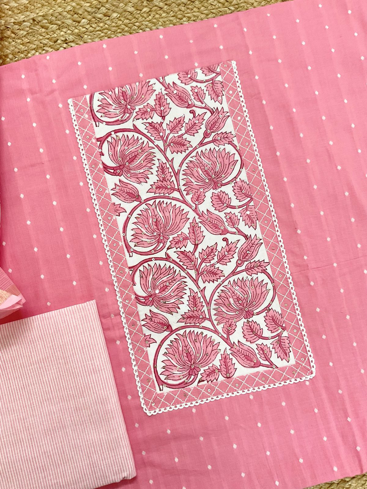 Pure Handloom Cotton Self Weaved Printed Embroidered Suit - Pink
