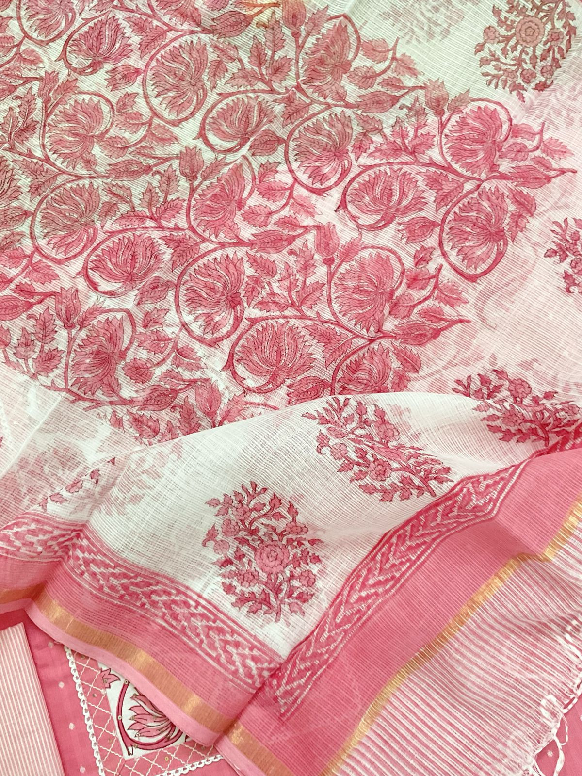 Pure Handloom Cotton Self Weaved Printed Embroidered Suit - Pink