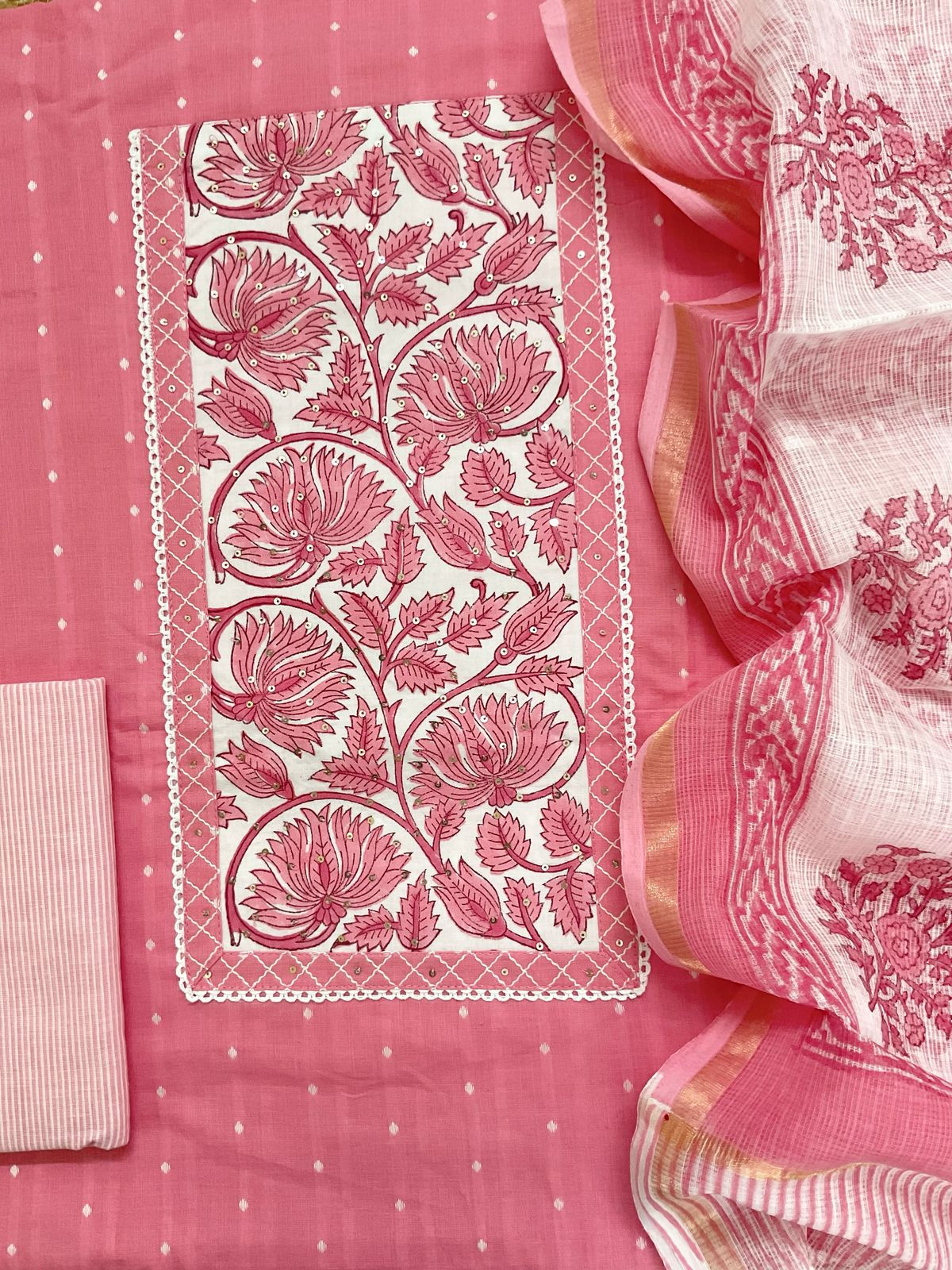 Pure Handloom Cotton Self Weaved Printed Embroidered Suit - Pink