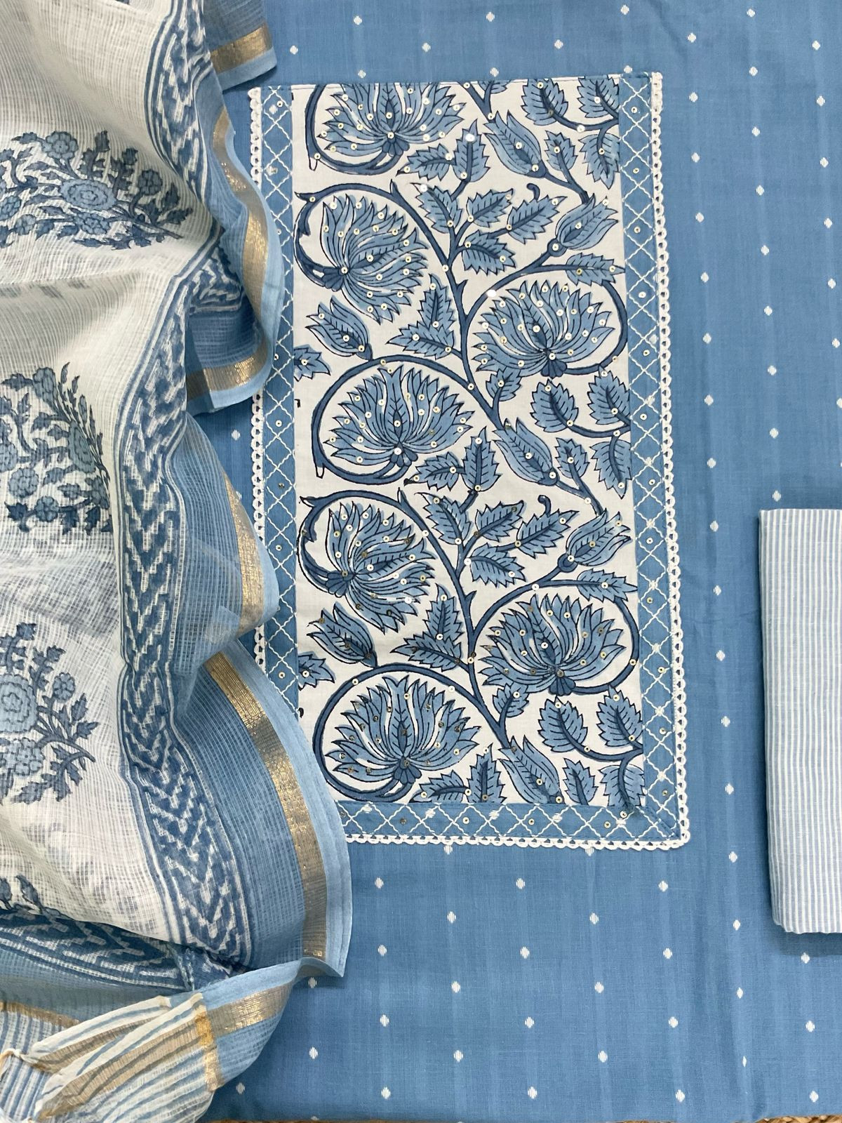 Pure Handloom Cotton Self Weaved Printed Embroidered Suit - Blue