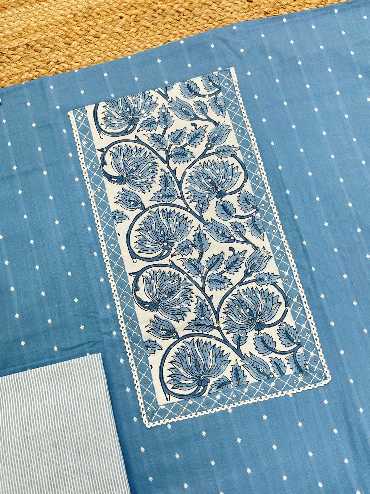 Pure Handloom Cotton Self Weaved Printed Embroidered Suit - Blue