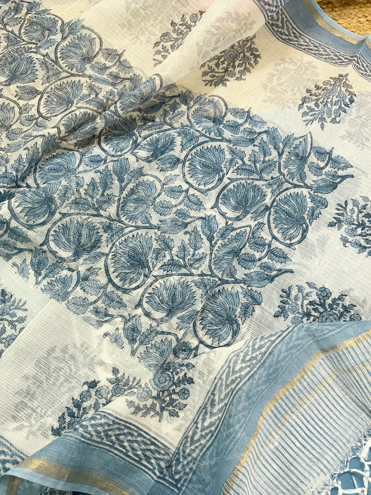 Pure Handloom Cotton Self Weaved Printed Embroidered Suit - Blue