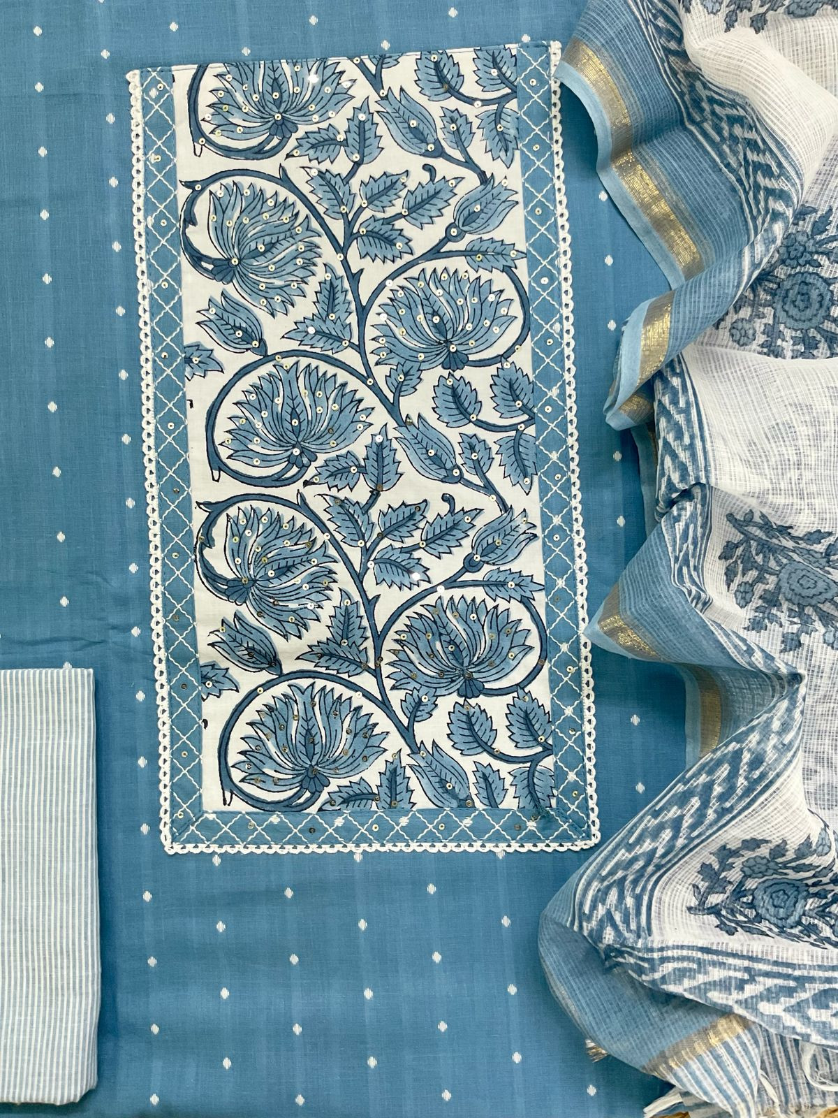 Pure Handloom Cotton Self Weaved Printed Embroidered Suit - Blue