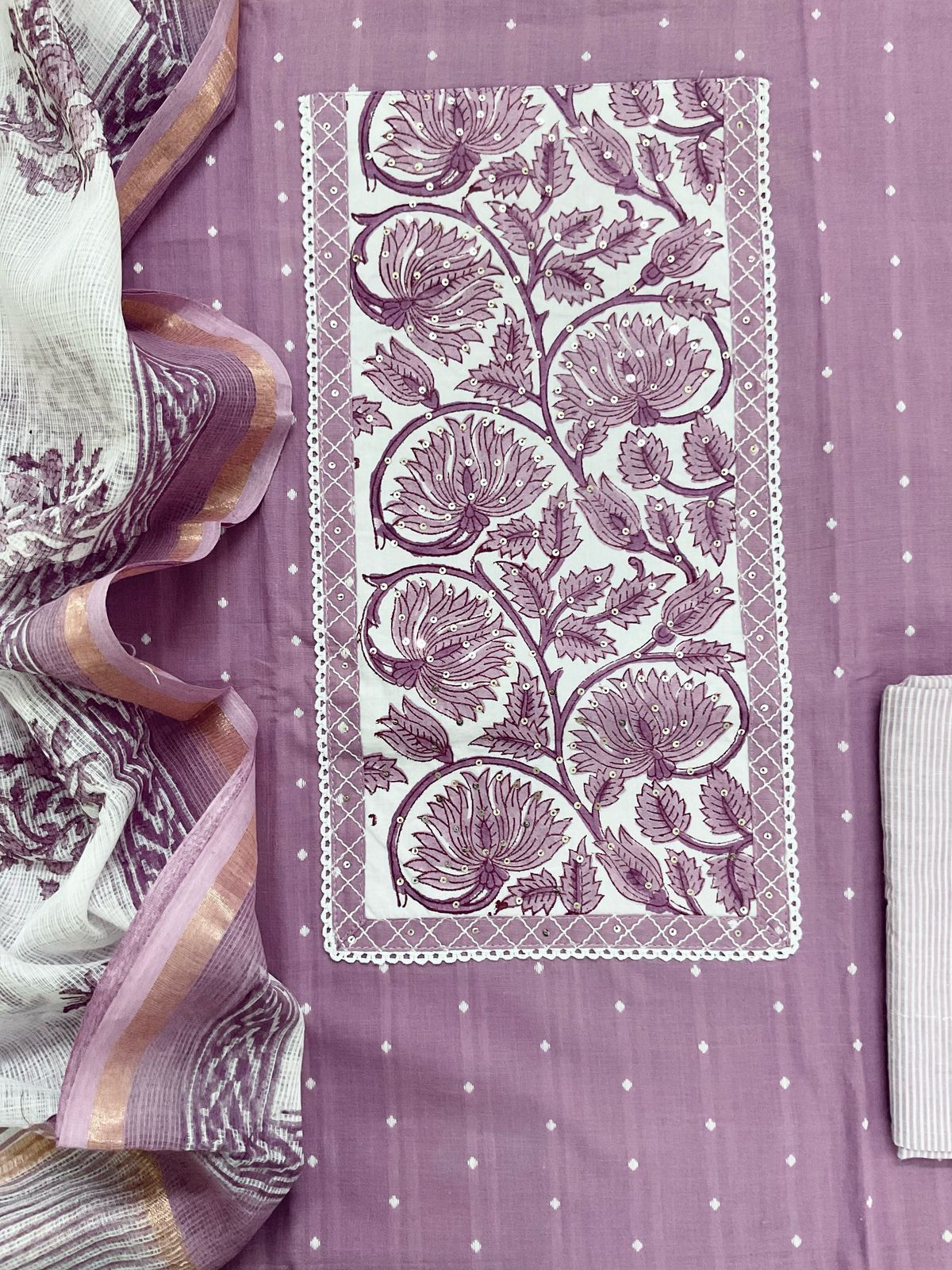 Pure Handloom Cotton Self Weaved Printed Embroidered Suit - Lavender