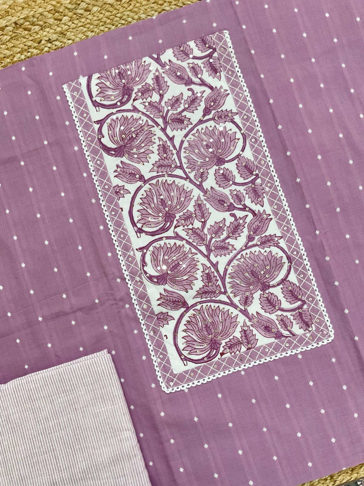 Pure Handloom Cotton Self Weaved Printed Embroidered Suit - Lavender