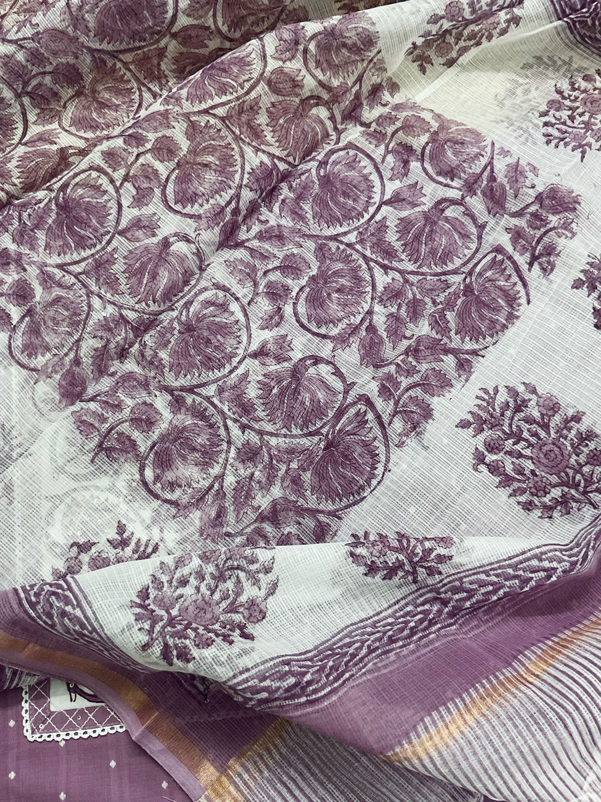 Pure Handloom Cotton Self Weaved Printed Embroidered Suit - Lavender