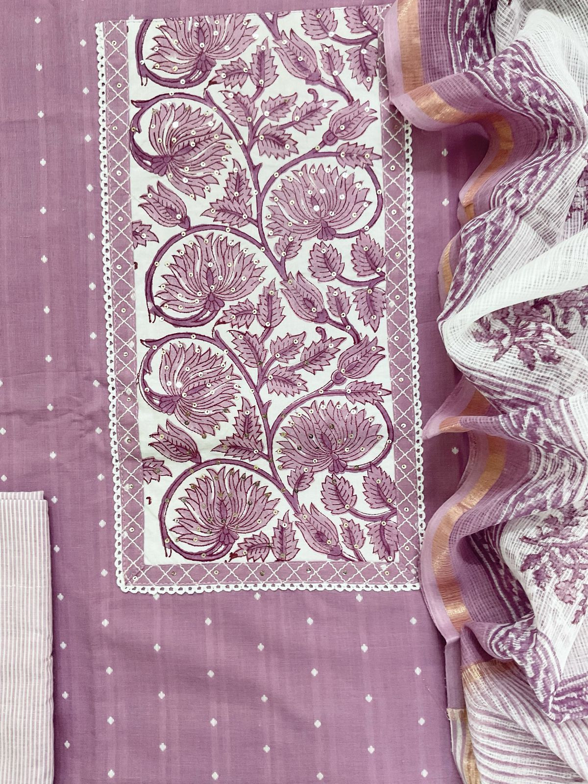 Pure Handloom Cotton Self Weaved Printed Embroidered Suit - Lavender