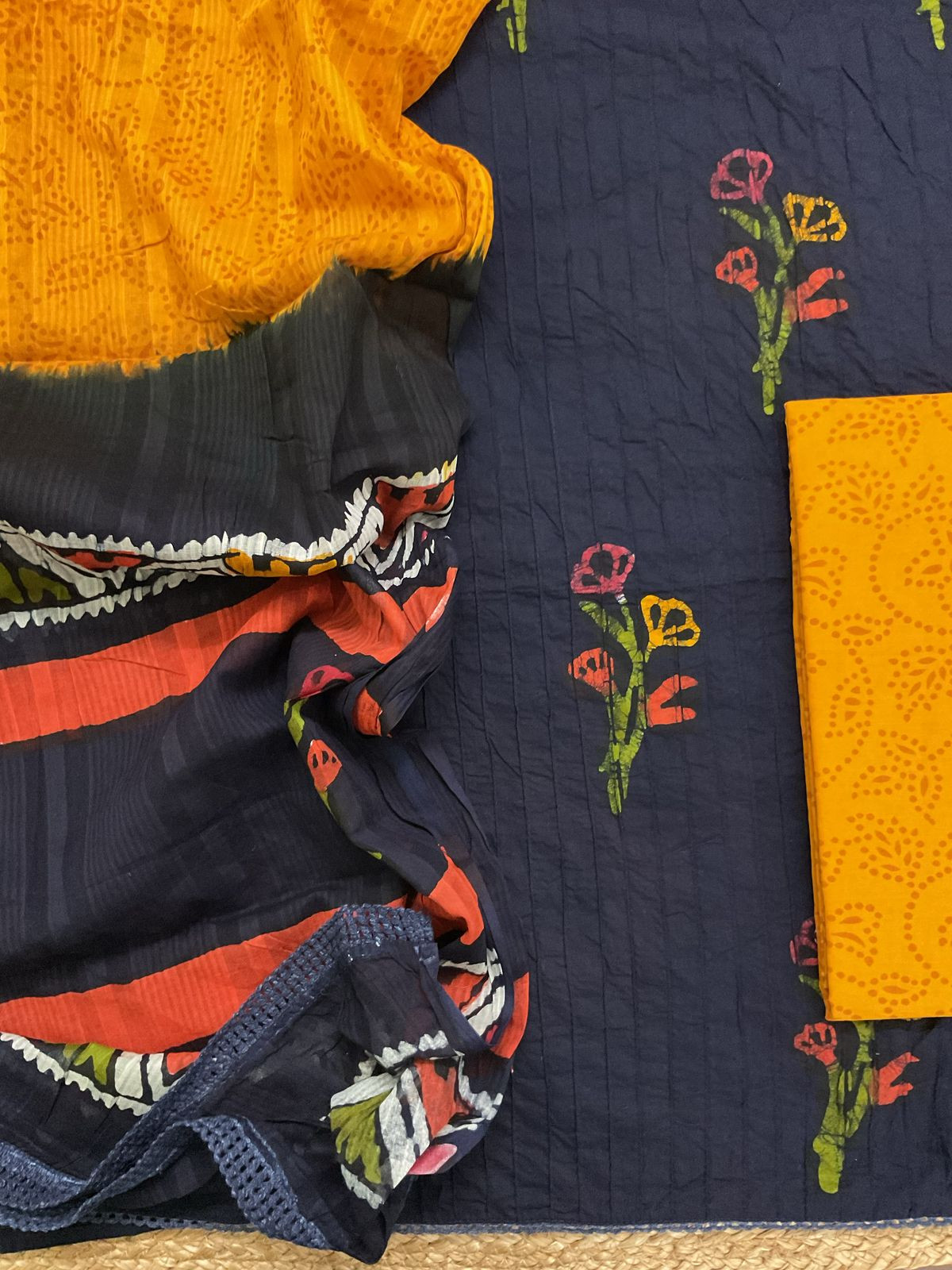 Pure Cotton Batik Printed Pintucks Embroidered Suit - Dark Blue