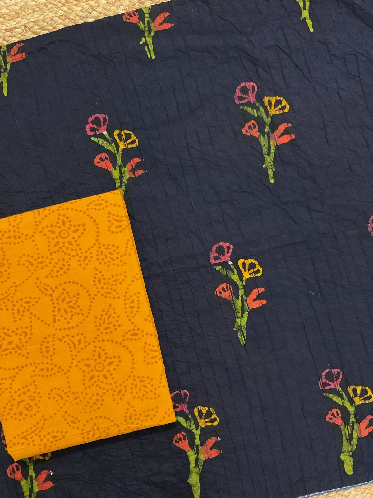 Pure Cotton Batik Printed Pintucks Embroidered Suit - Dark Blue