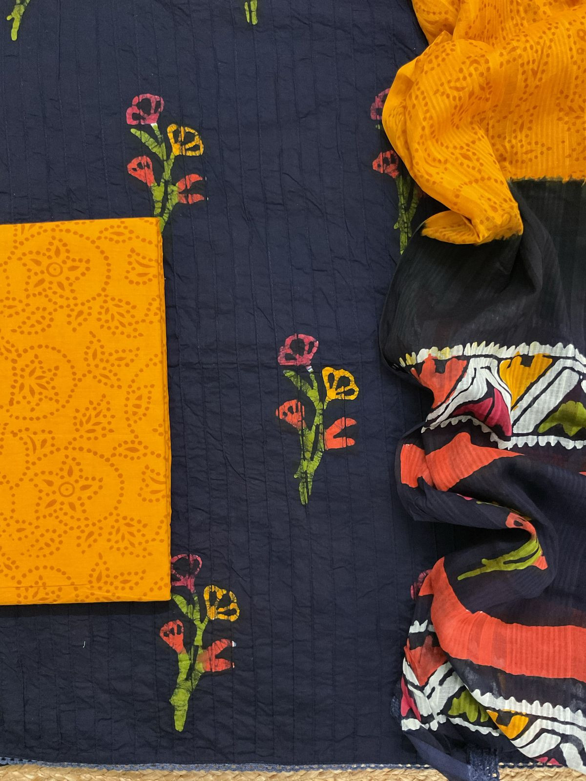 Pure Cotton Batik Printed Pintucks Embroidered Suit - Dark Blue