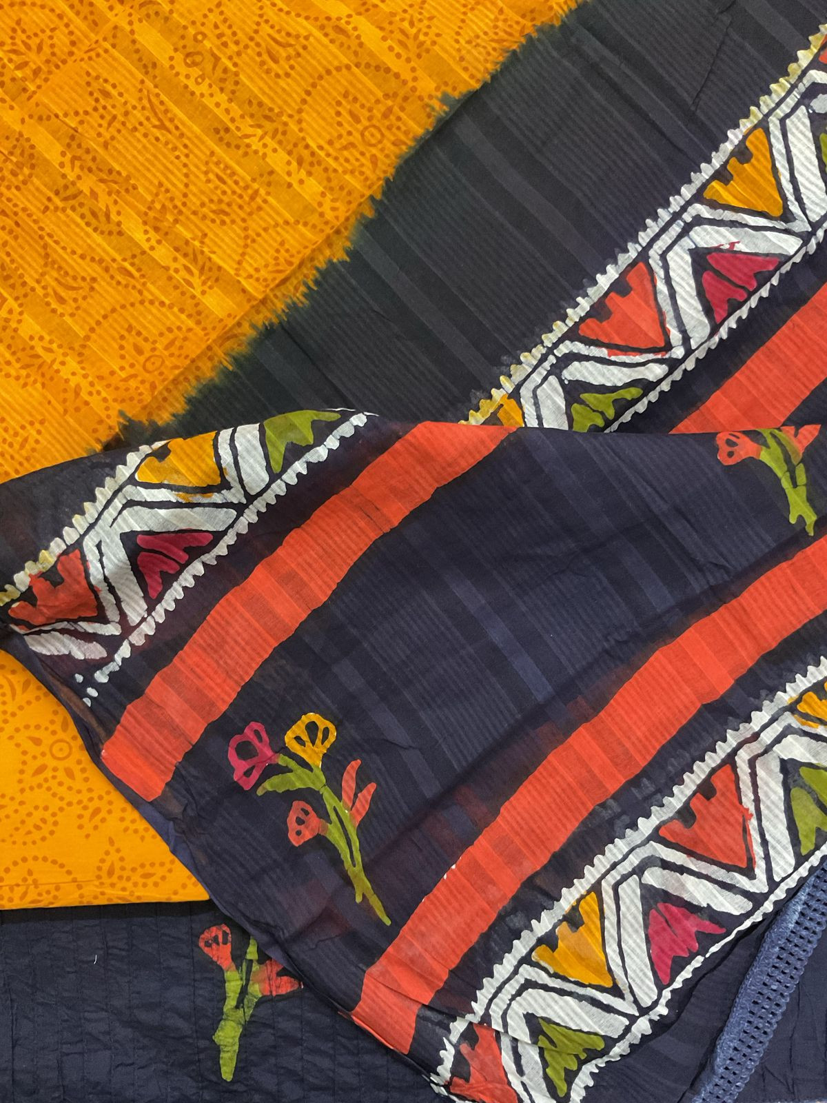 Pure Cotton Batik Printed Pintucks Embroidered Suit - Dark Blue