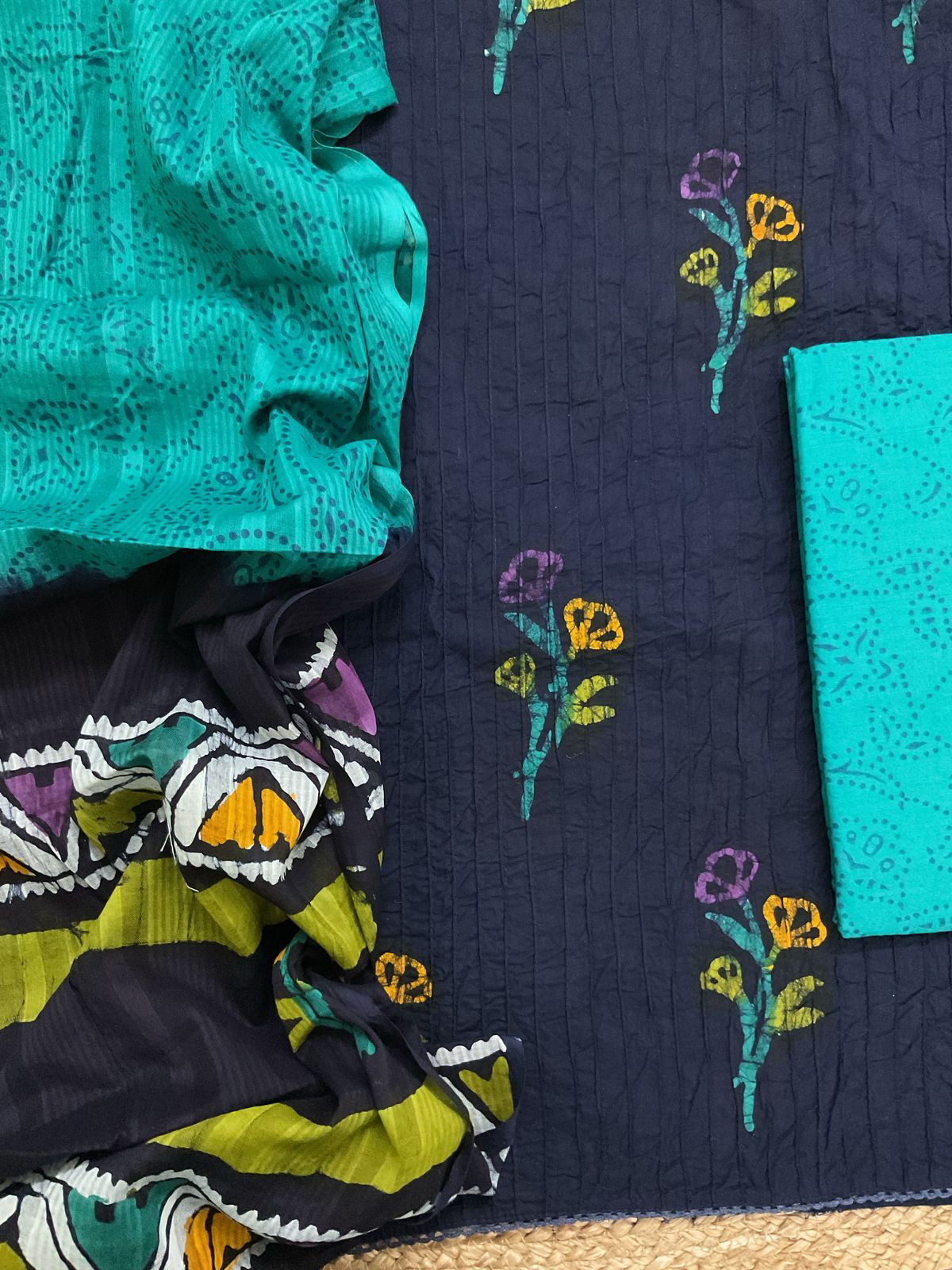 Pure Cotton Batik Printed Pintucks Embroidered Suit - Dark Blue