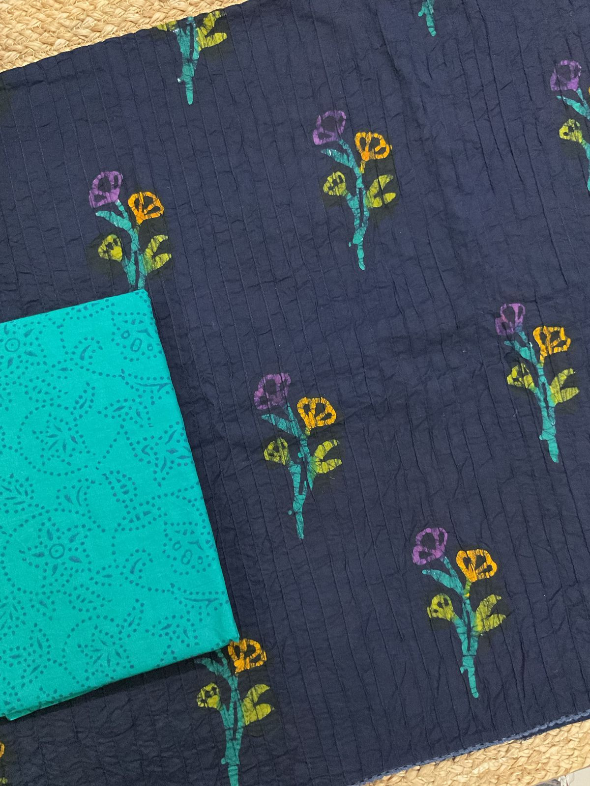 Pure Cotton Batik Printed Pintucks Embroidered Suit - Dark Blue