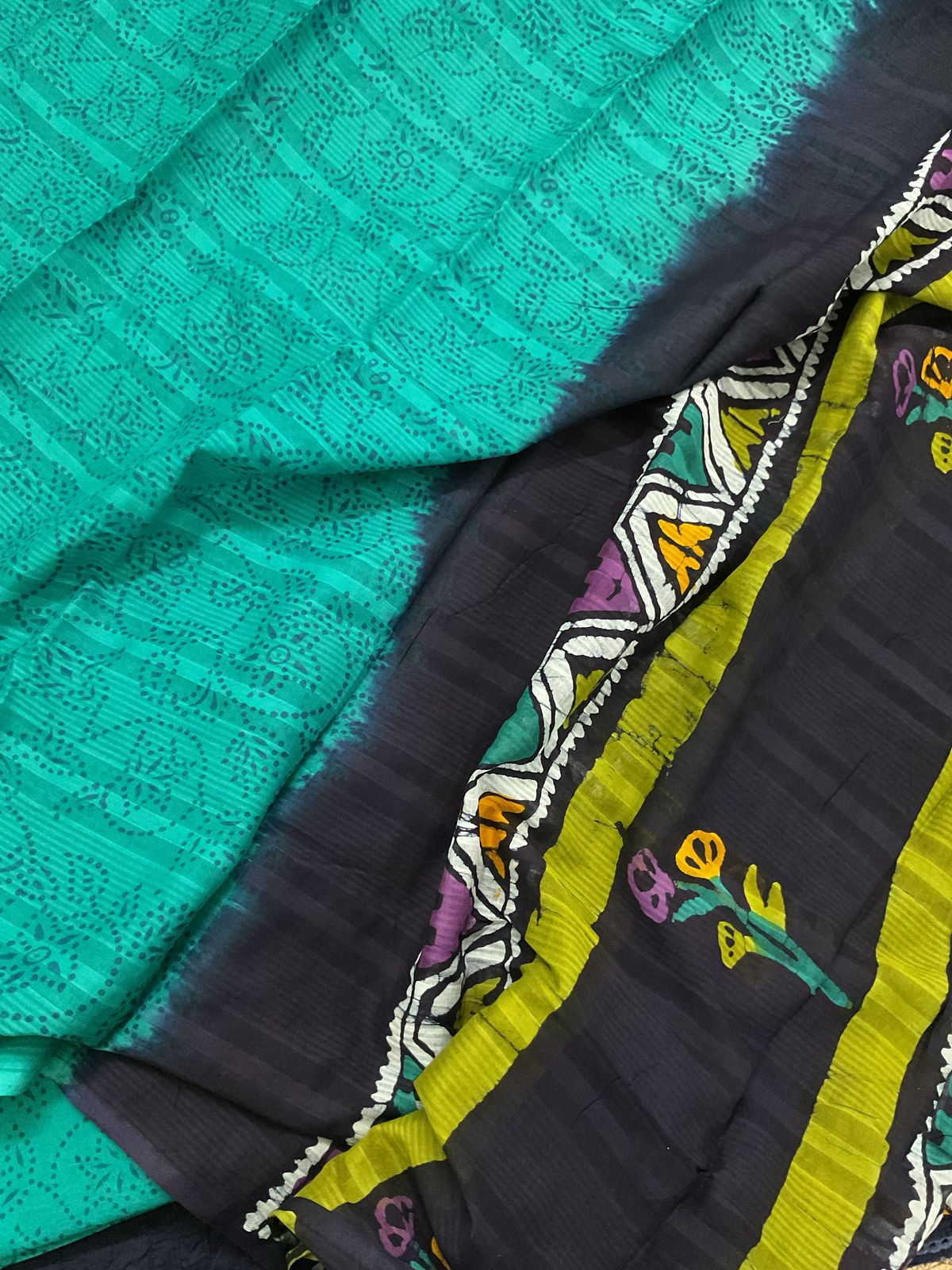 Pure Cotton Batik Printed Pintucks Embroidered Suit - Dark Blue