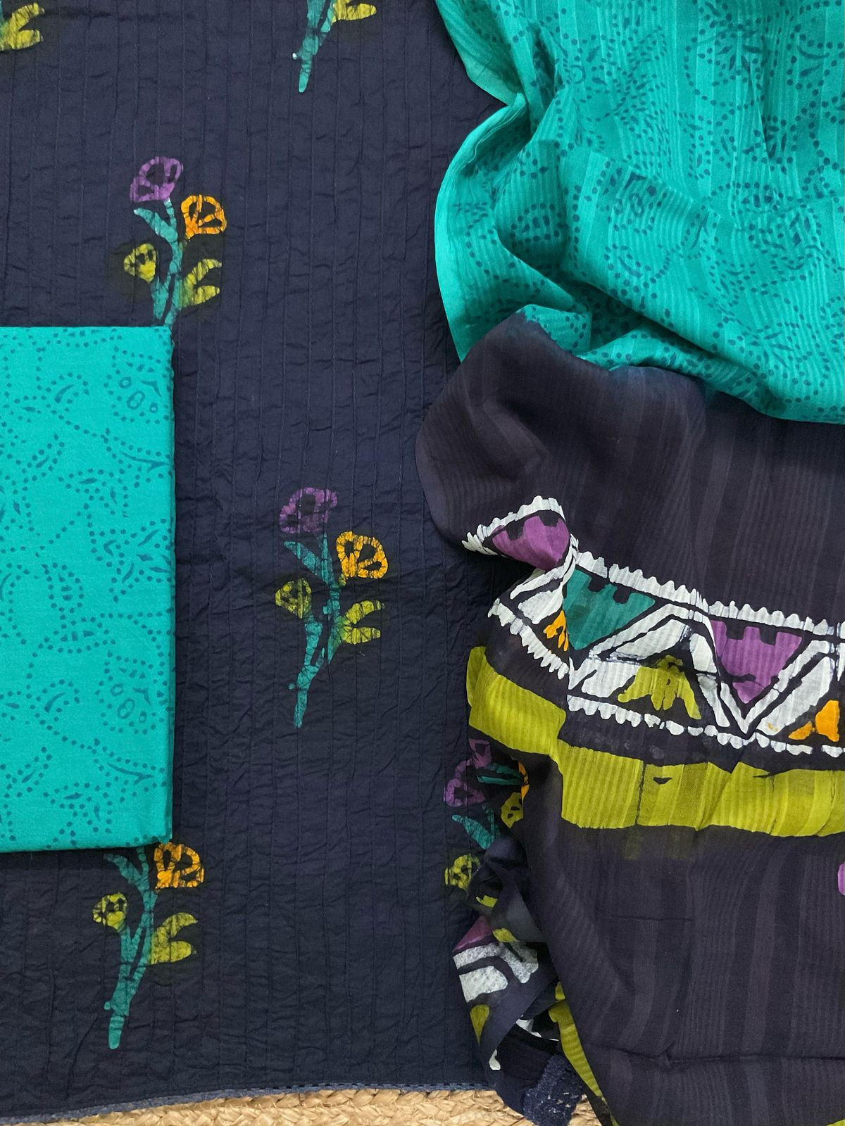 Pure Cotton Batik Printed Pintucks Embroidered Suit - Dark Blue