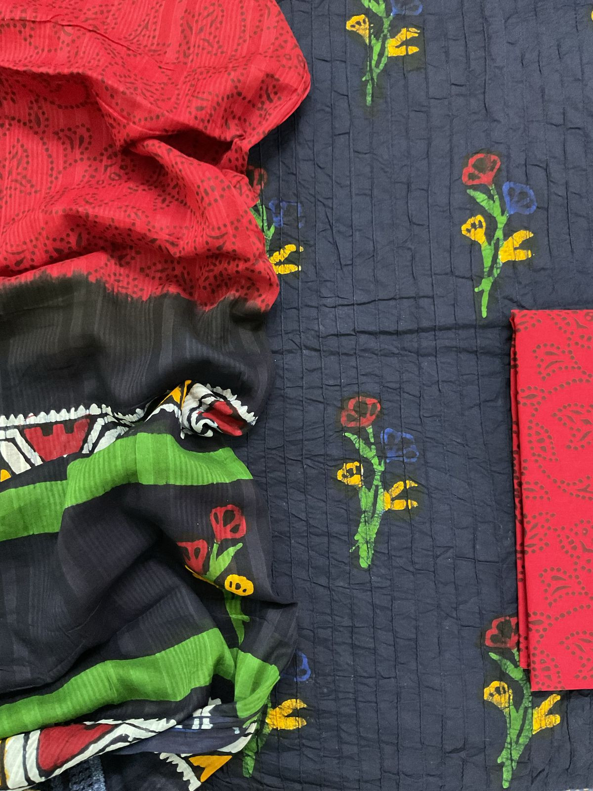 Pure Cotton Batik Printed Pintucks Embroidered Suit - Dark Blue