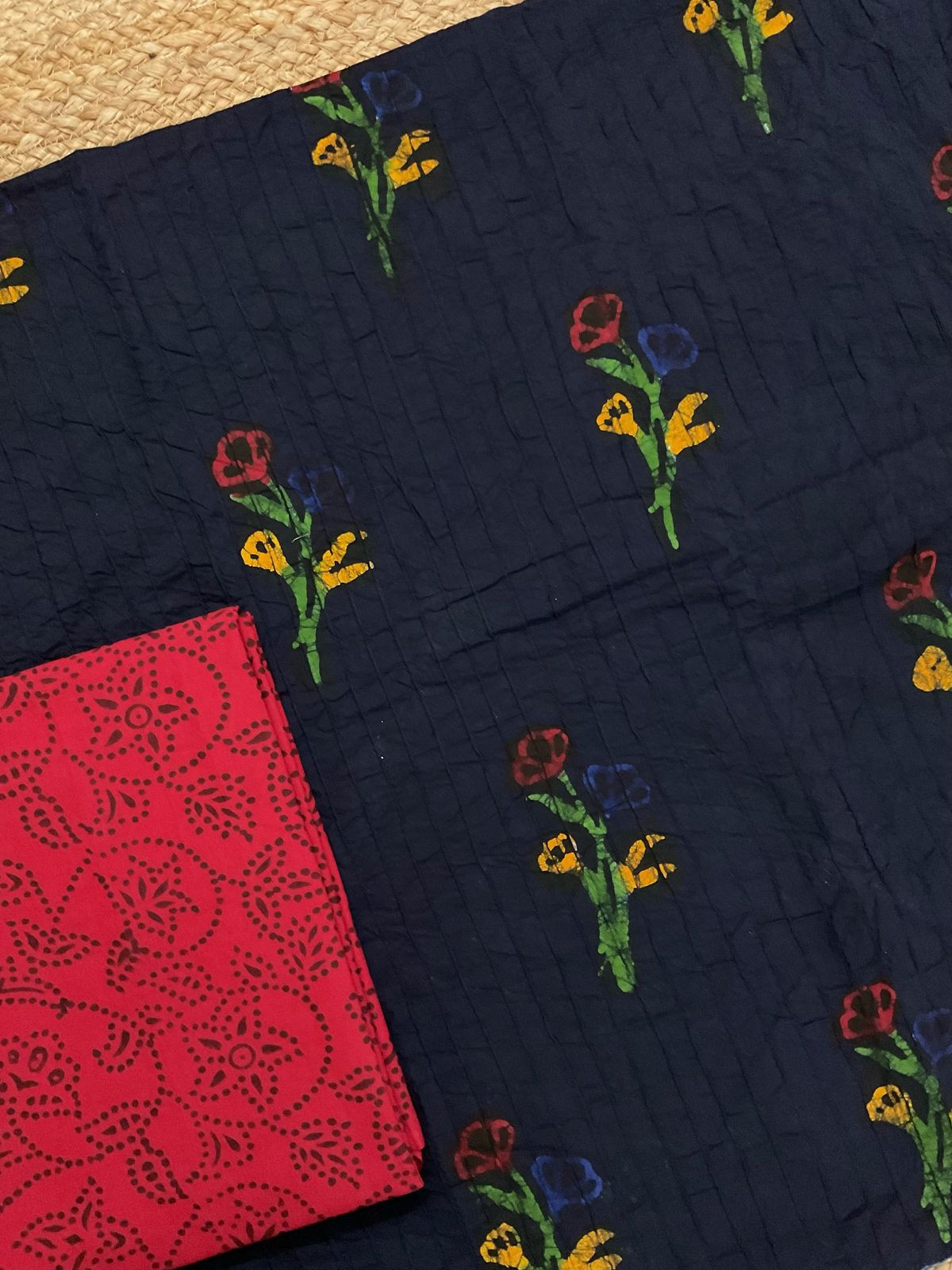 Pure Cotton Batik Printed Pintucks Embroidered Suit - Dark Blue