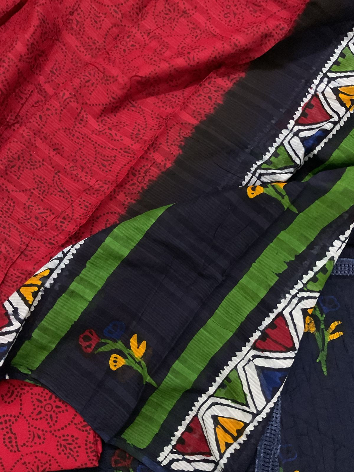 Pure Cotton Batik Printed Pintucks Embroidered Suit - Dark Blue