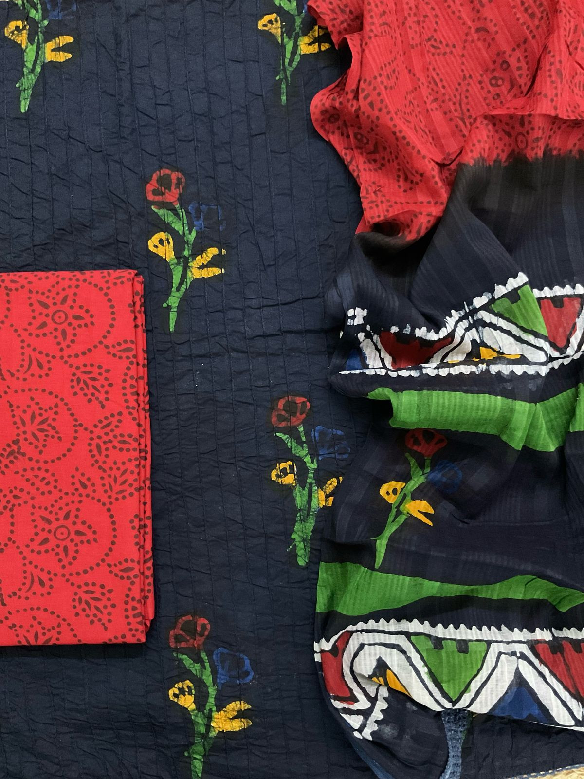 Pure Cotton Batik Printed Pintucks Embroidered Suit - Dark Blue