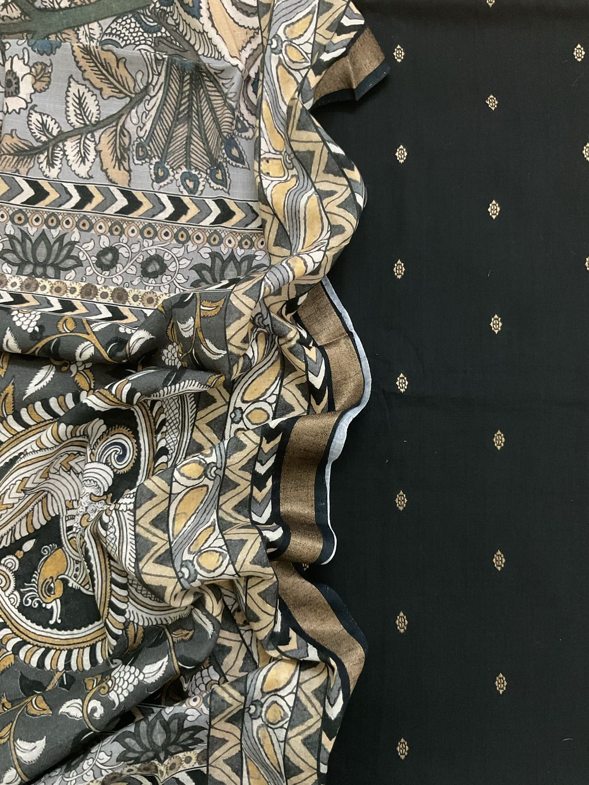 Pure Slub Cotton Printed Self Weaved Suit - Black