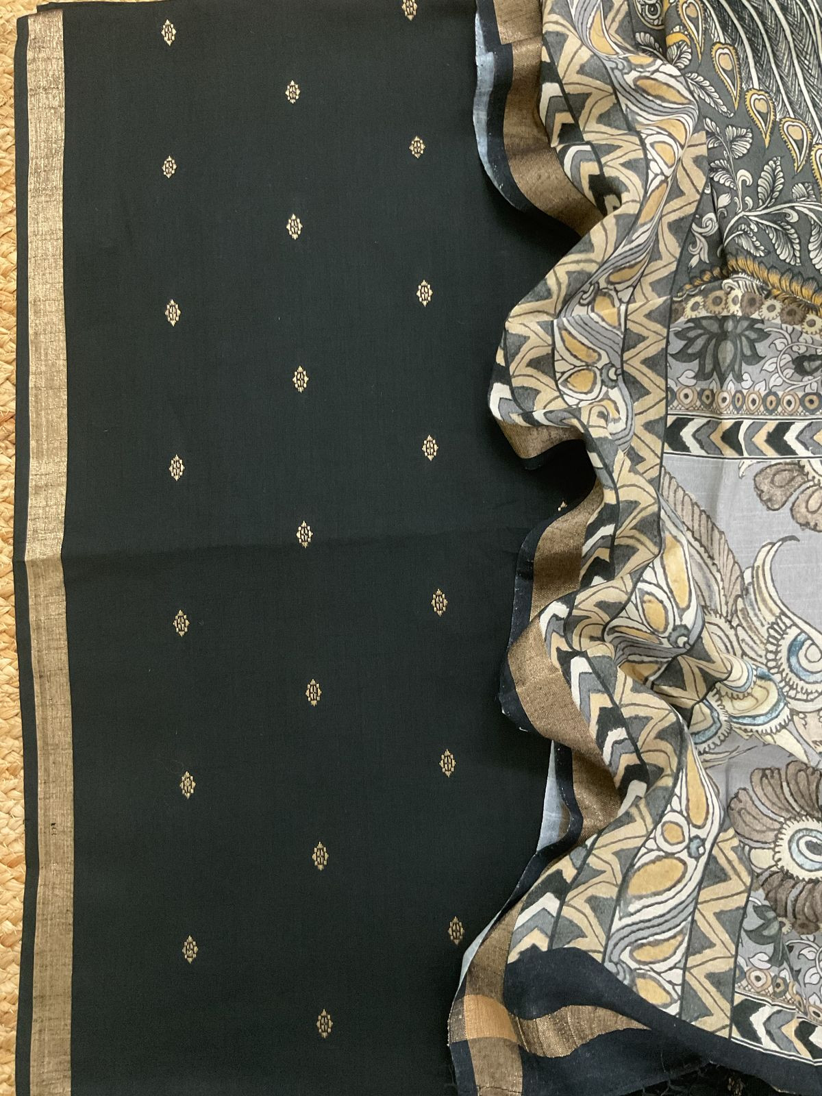 Pure Slub Cotton Printed Self Weaved Suit - Black