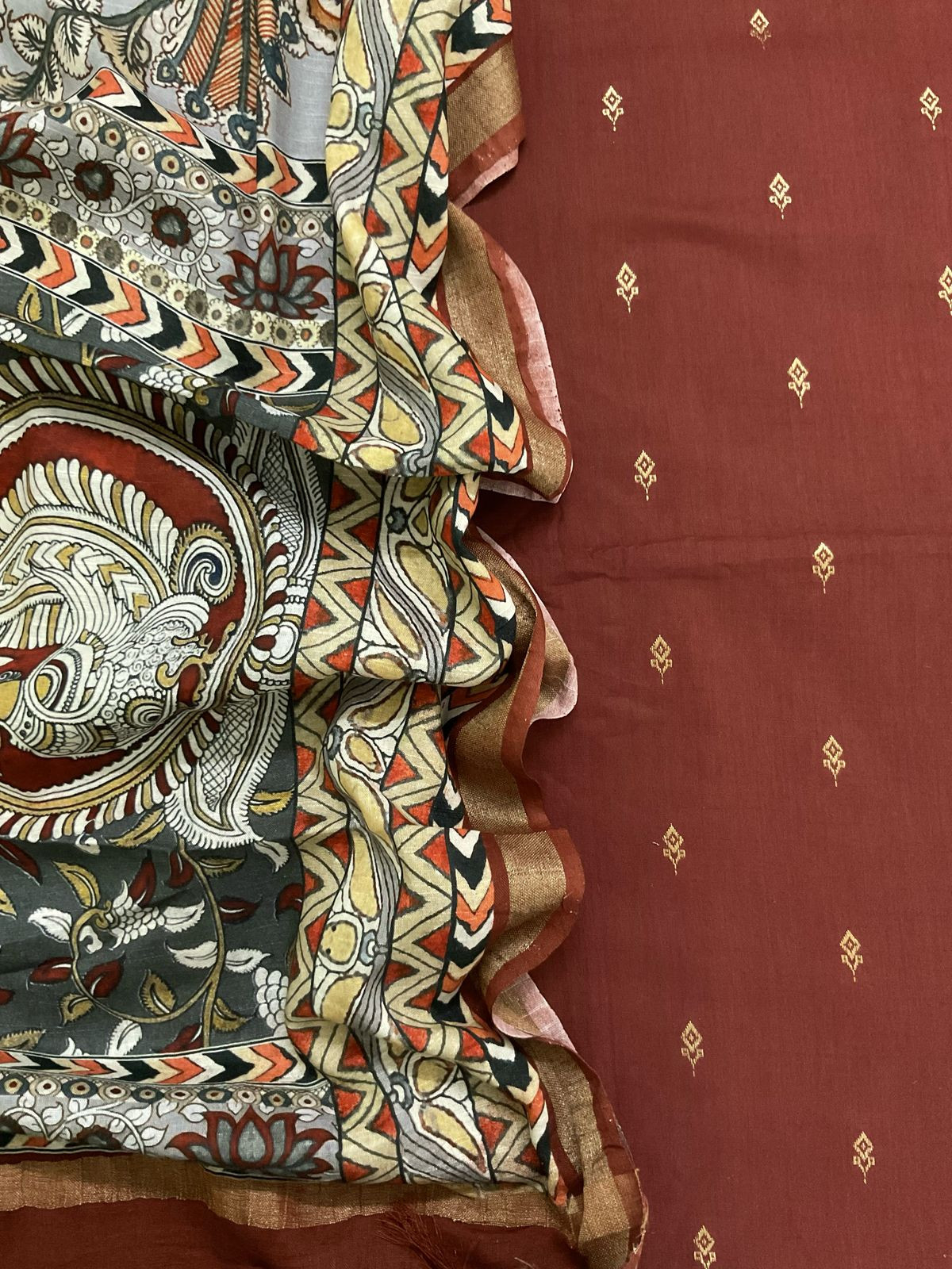 Pure Slub Cotton Printed Self Weaved Suit - Dark Brick Red