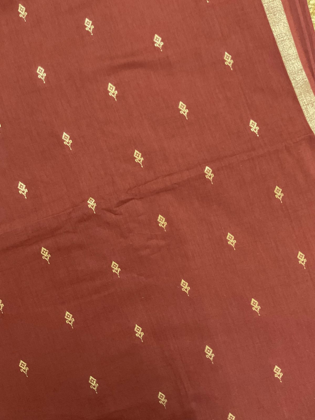 Pure Slub Cotton Printed Self Weaved Suit - Dark Brick Red