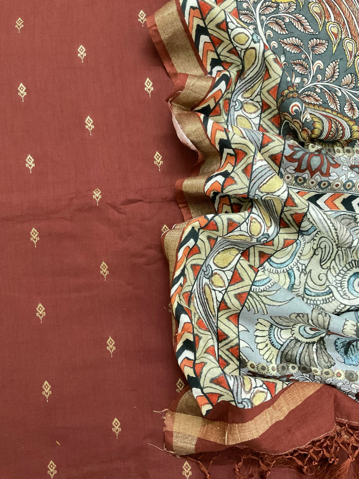 Pure Slub Cotton Printed Self Weaved Suit - Dark Brick Red