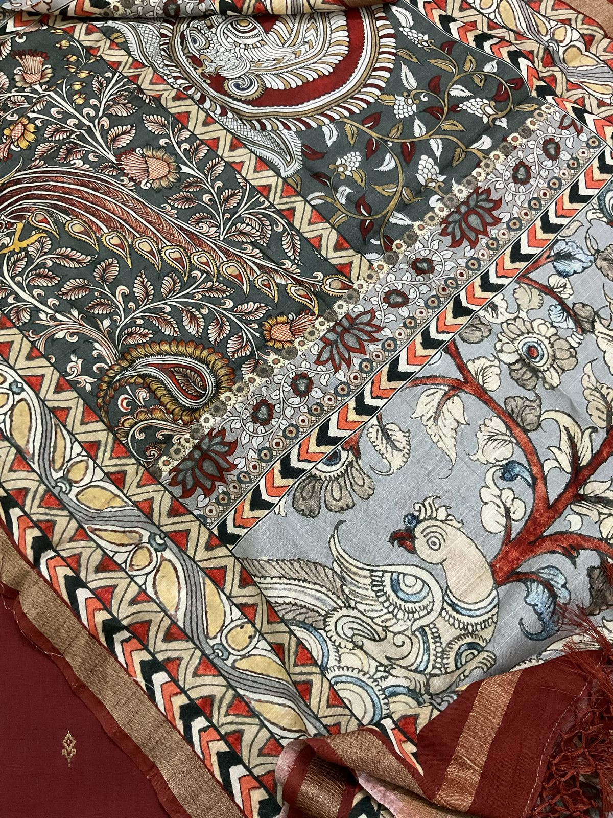 Pure Slub Cotton Printed Self Weaved Suit - Dark Brick Red