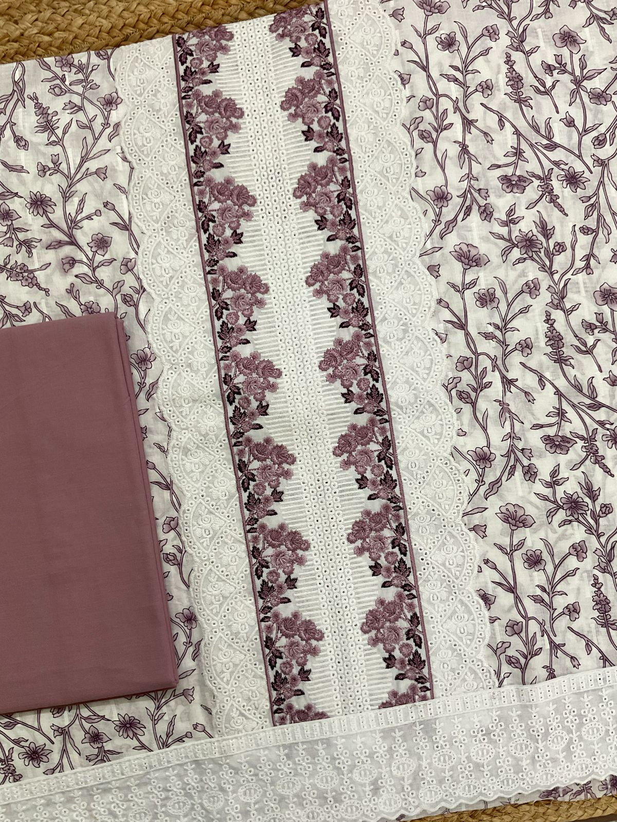 Pure Cotton Printed Embroidered Suit - White