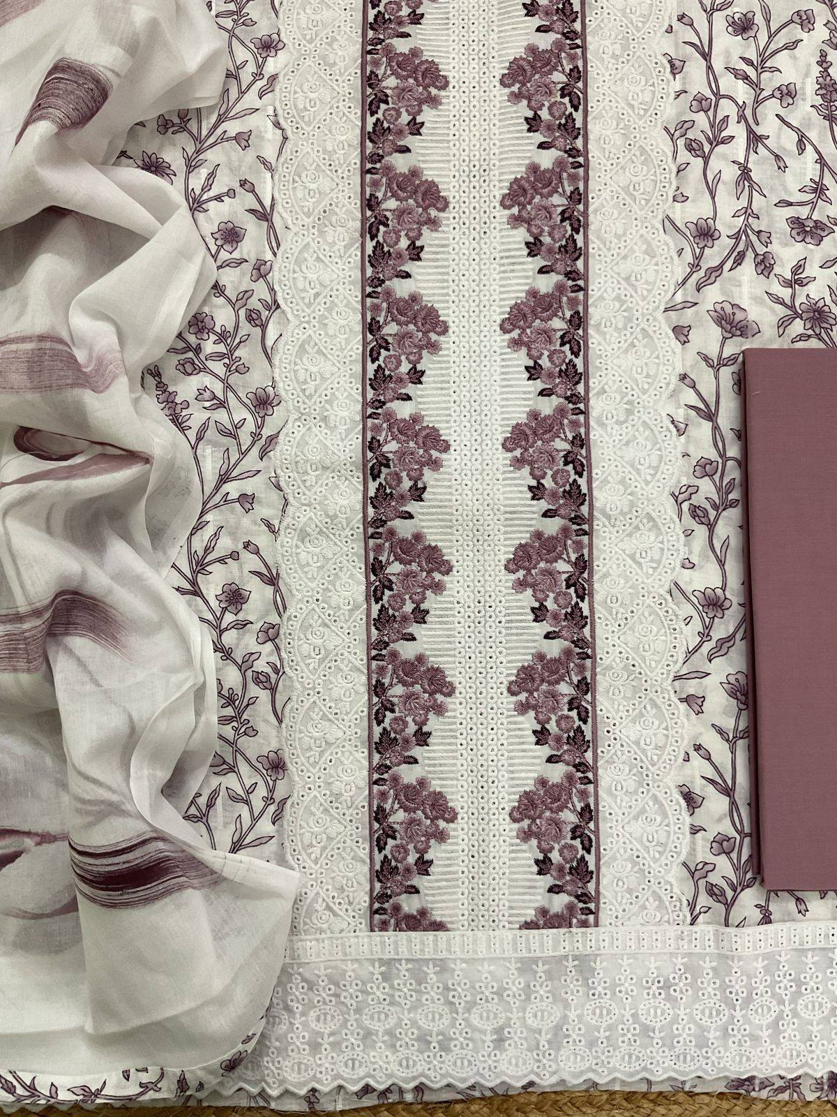 Pure Cotton Printed Embroidered Suit - White