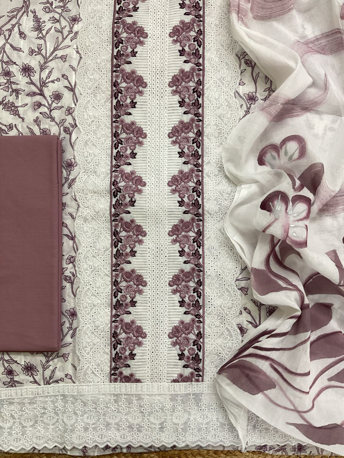 Pure Cotton Printed Embroidered Suit - White