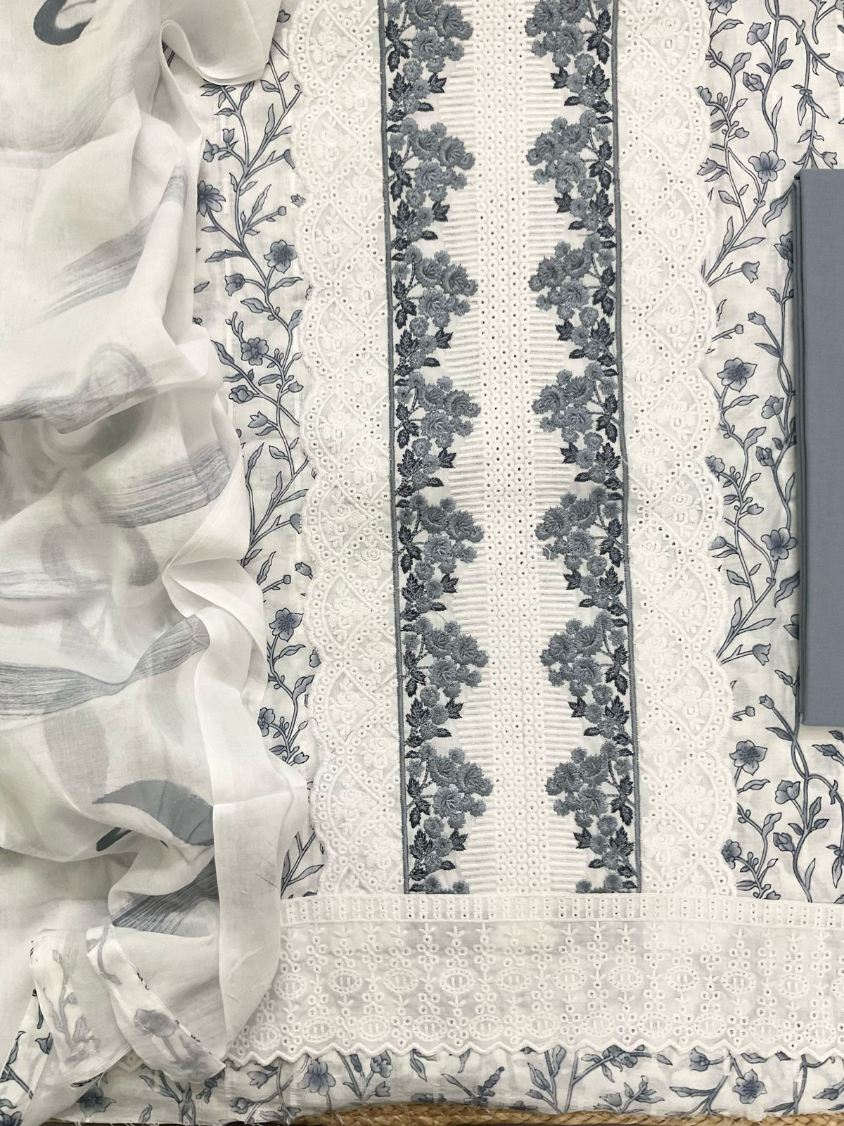 Pure Cotton Printed Embroidered Suit - White