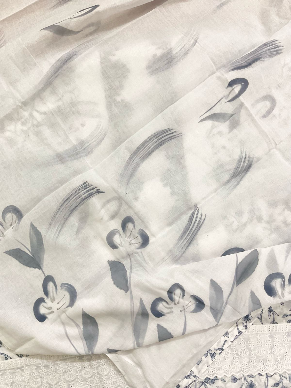 Pure Cotton Printed Embroidered Suit - White