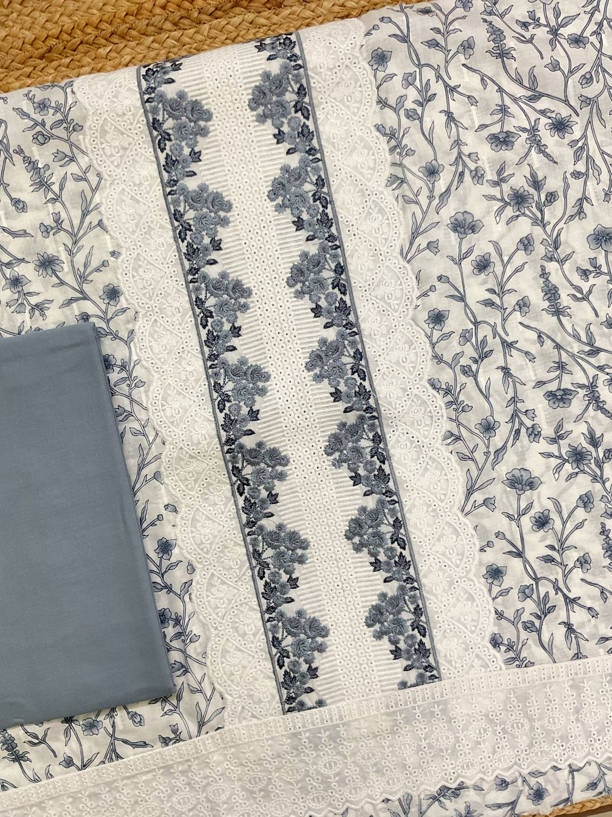 Pure Cotton Printed Embroidered Suit - White