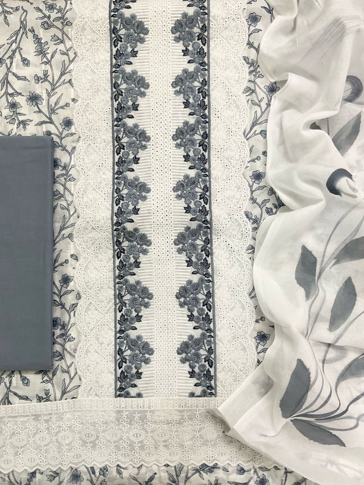 Pure Cotton Printed Embroidered Suit - White