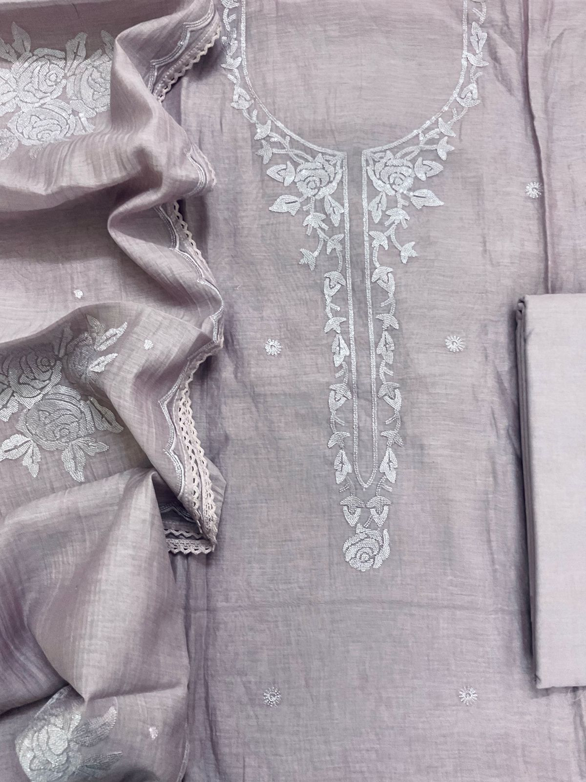 Pure Mul Chanderi Embroidered Suit - Lavender