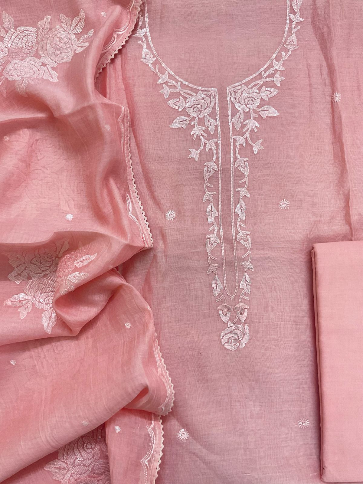 Pure Mul Chanderi Embroidered Suit - Pink