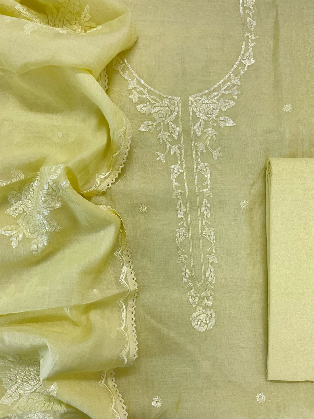 Pure Mul Chanderi Embroidered Suit - Yellow