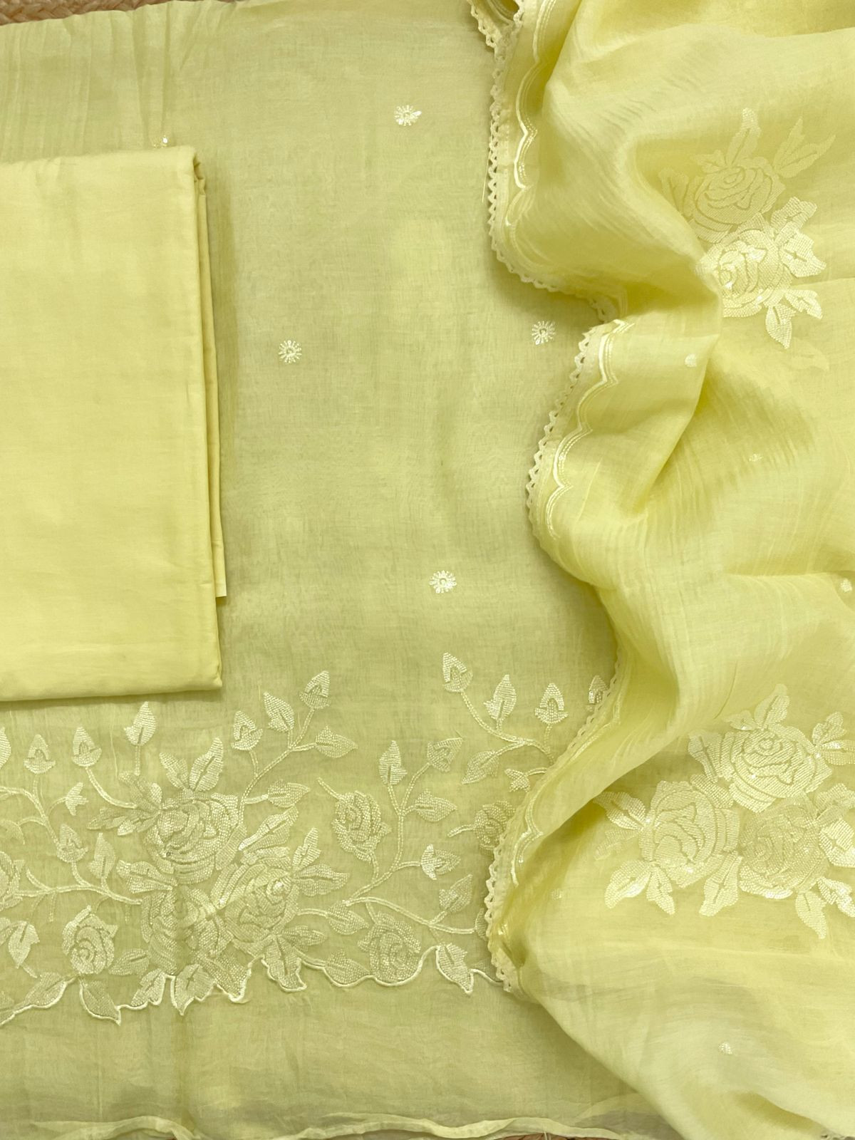 Pure Mul Chanderi Embroidered Suit - Yellow