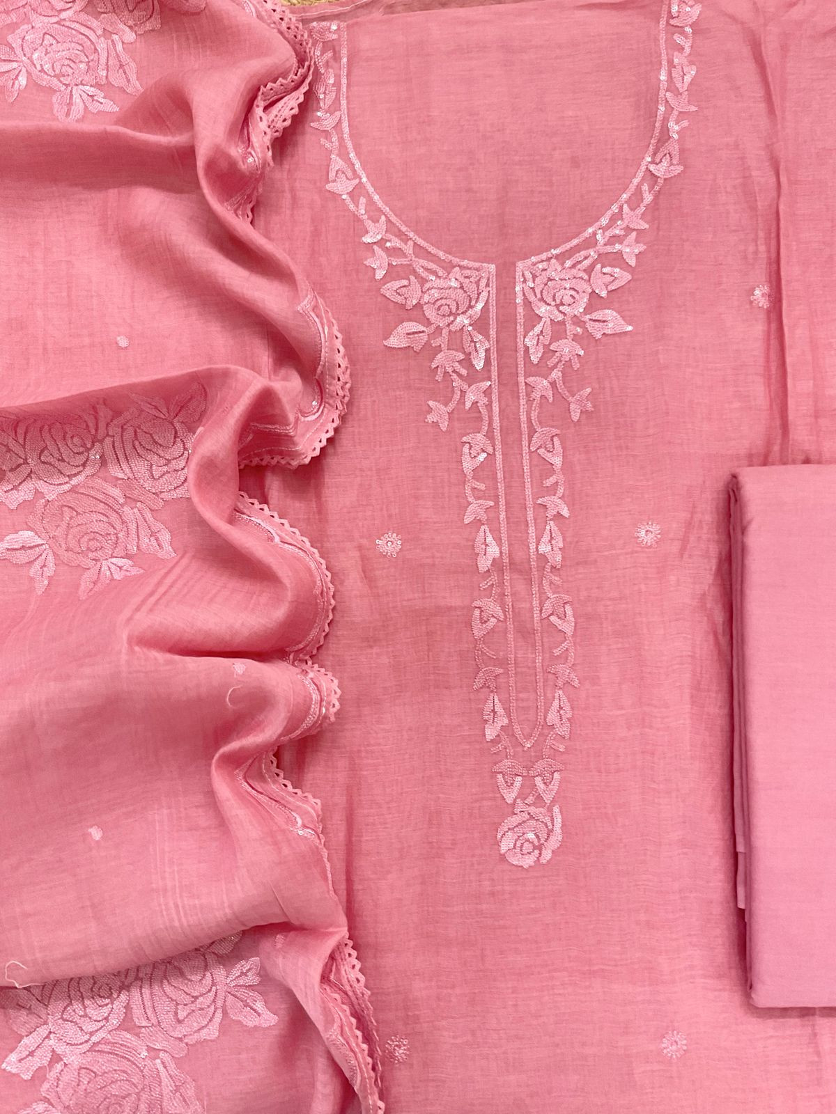 Pure Mul Chanderi Embroidered Suit - Pink