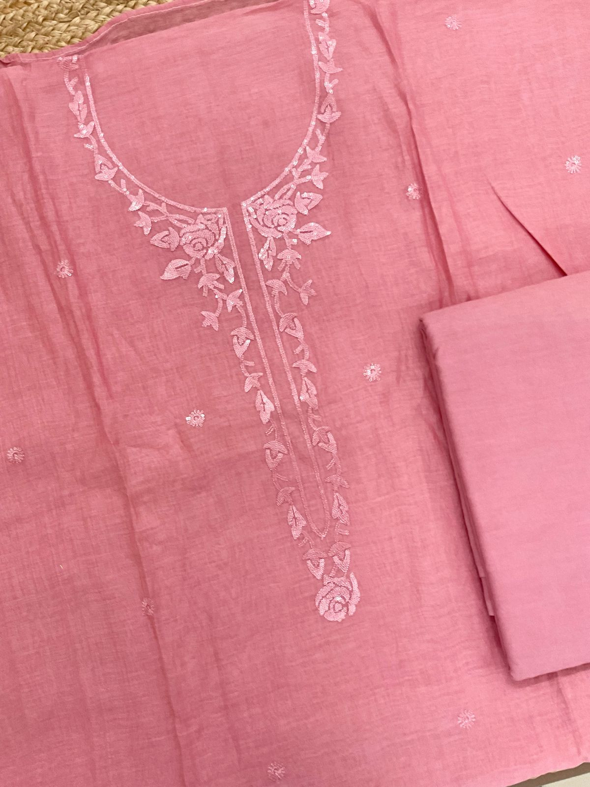 Pure Mul Chanderi Embroidered Suit - Pink