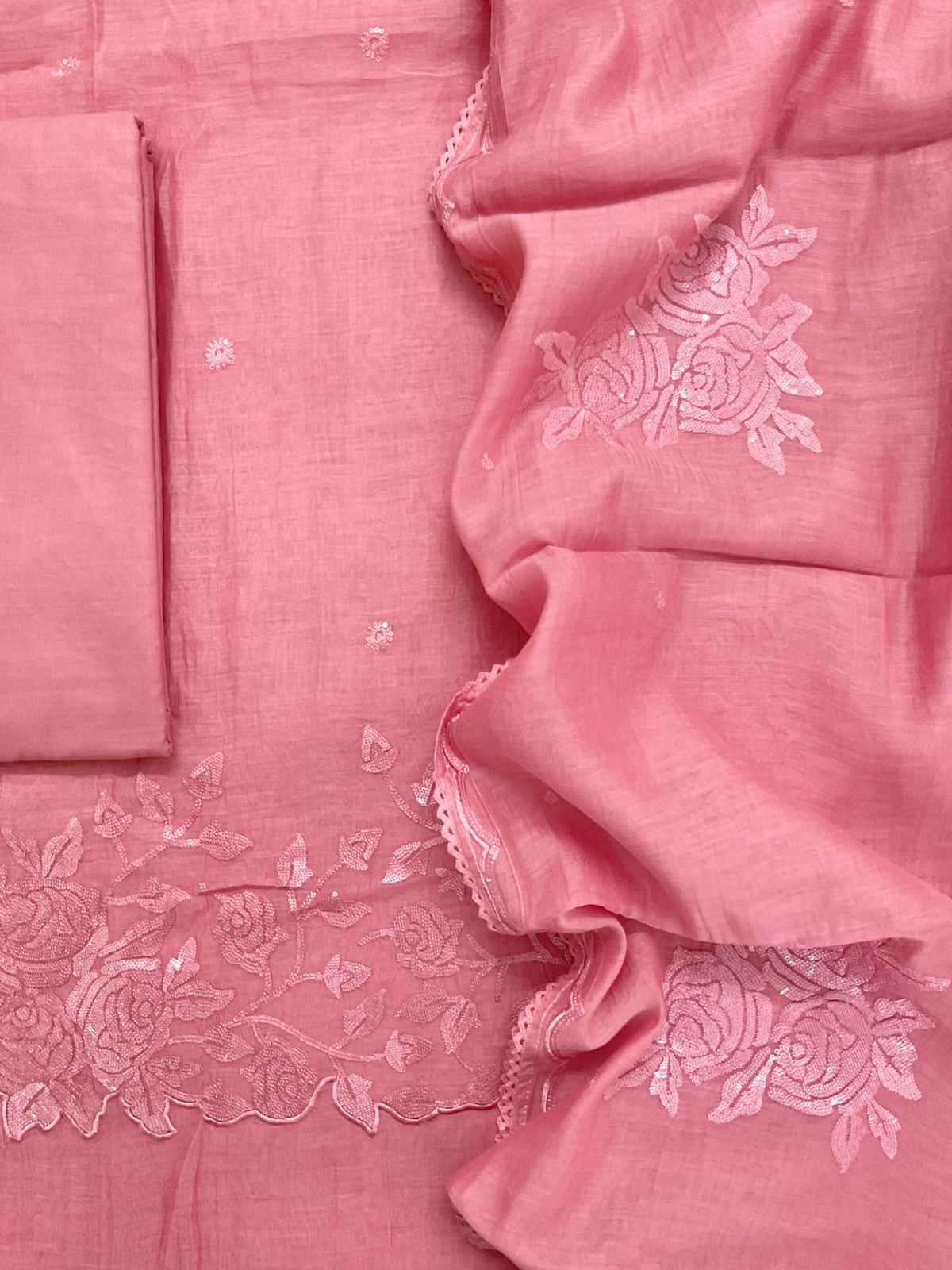 Pure Mul Chanderi Embroidered Suit - Pink