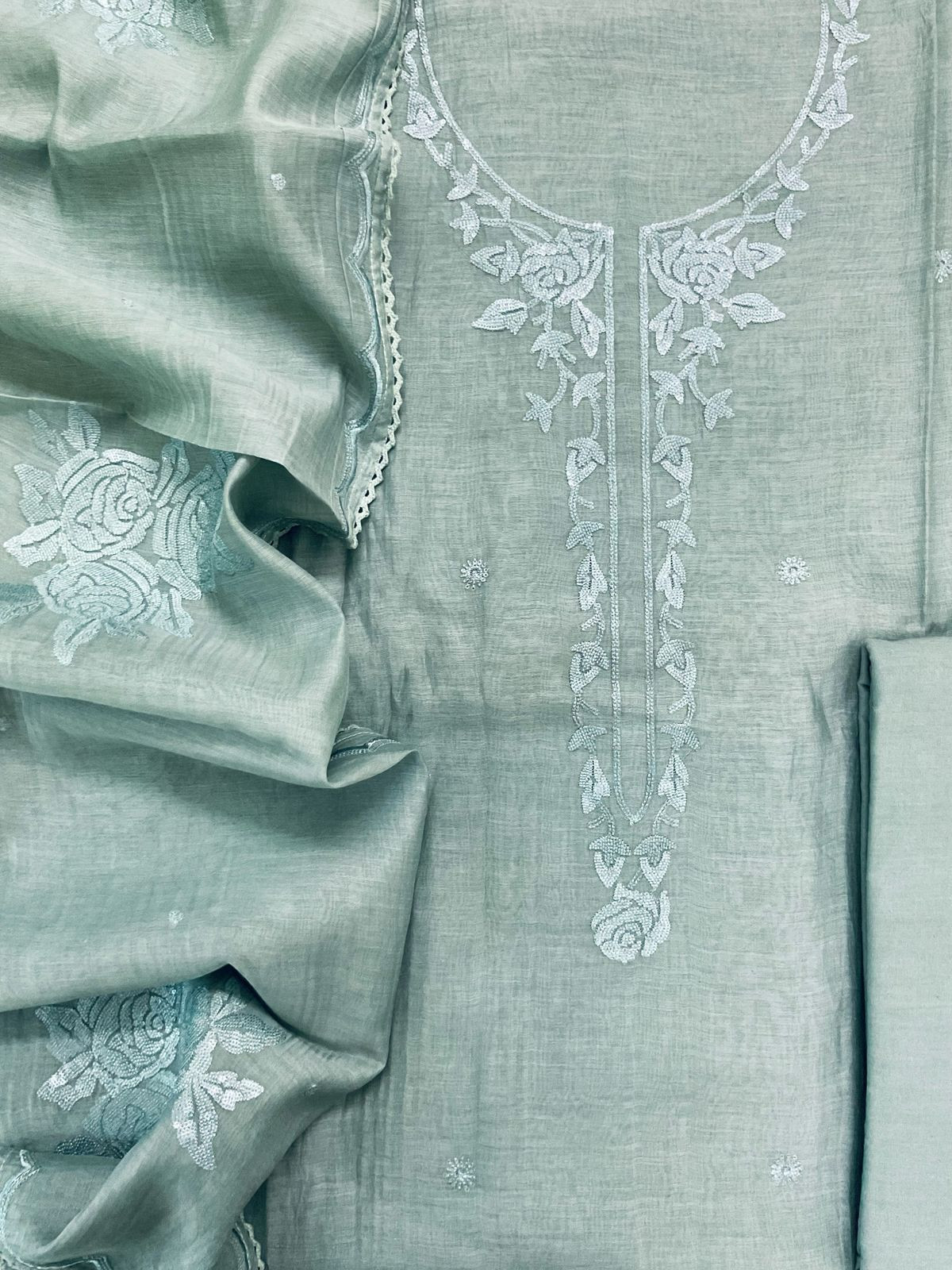 Pure Mul Chanderi Embroidered Suit - Blue